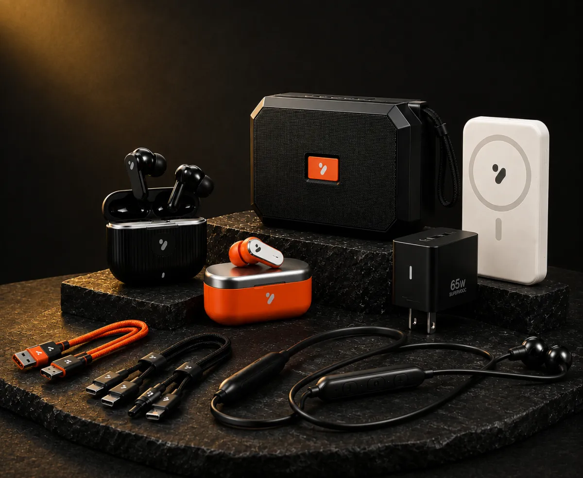 The same range staged on stone — a Bluetooth speaker and power bank behind two earbud cases, with charging cables and a neckband laid out in front