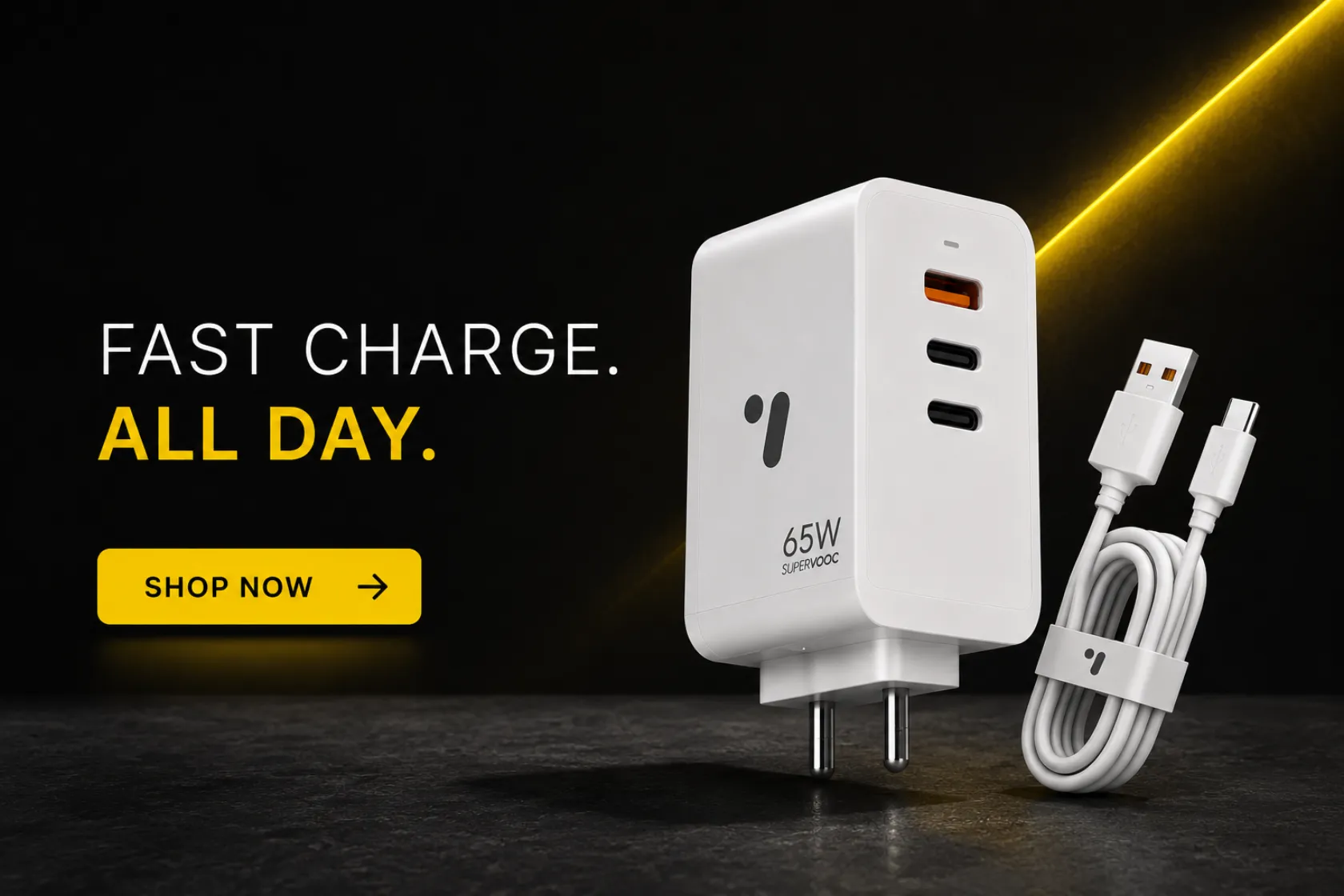Fast charge, all day — Arrow 65W SuperVOOC charger with USB-A and dual USB-C ports, cable included. Shop now.